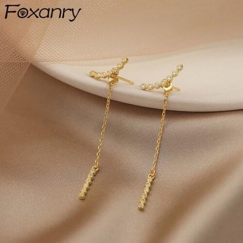 Foxanry Prevent Allergy 925 Sterling Silver Stud Earrings for Women New Trend Elegant Zircon Tassel Bride Jewelry Gift Wholesale