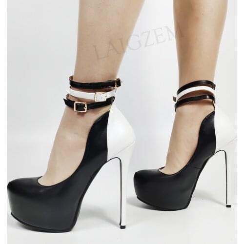 LAIGZEM SUPER Women Platform Pumps Buckle Ankle Straps Sandals High Heels Shoes Woman Party Club Prom Large Size 34 44 46 50 52