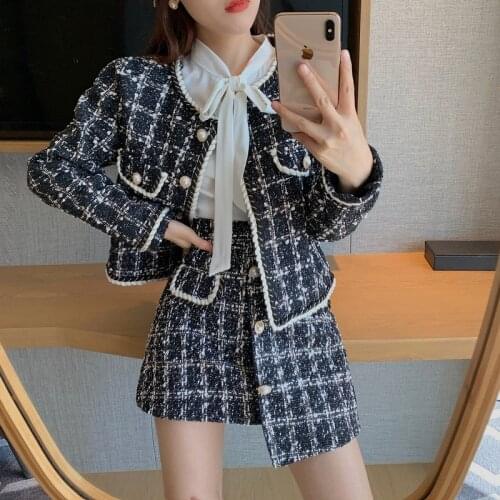 Vintage Tweed Small Fragrant Women Suits Cardigan Jacket + Irregular Short Skirt + White Shirt Three Piece Set Autumn Winter New