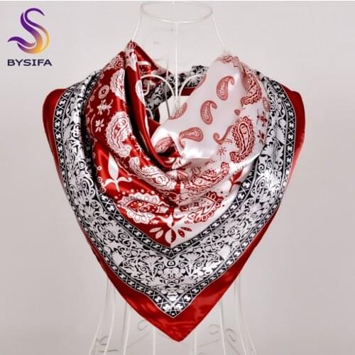 [BYSIFA] Women Muslim Satin Head Scarves Printed New Fashion Paisley Large Square Scarves Elegant Spring Autumn Silk Scarf Shawl