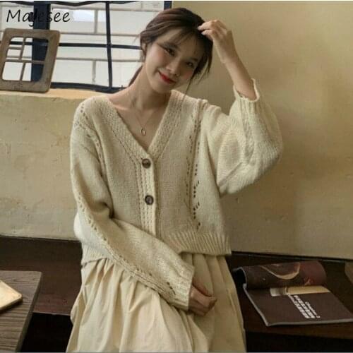 Women Cardigans Hollow Out V-neck Batwing Sleeve Knitted Sweaters Sweet College Student Korean Style Gentle Casual Autumn Chic