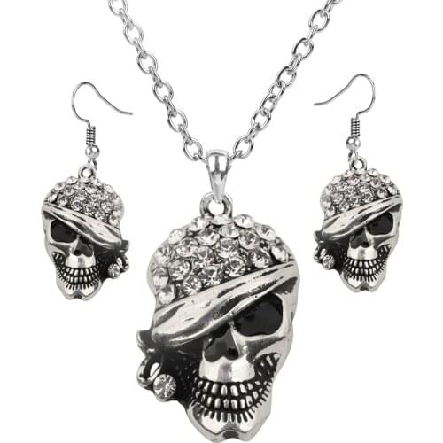 Yacq Womens Skull Jewelry Set - Adjustable Necklace (24+4)inch (60+10)cm + Dangle Earrings - Women Girls Biker Crystal Jewelry