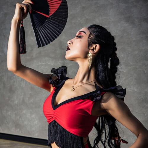 Latin Dance Tops Women Adult Sexy V-Neck Lace Fringe Vest Professional Rumba Tango Samba Cha Cha Dance Stage Clothes DWY5870