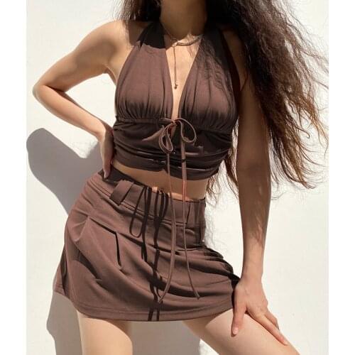 Brown Sexy Deep V Neck Backless Camis Halter Y2k Top And Pleated Skirt Suit For Women Loungewear Tracksuit Summer 2 Piece Set
