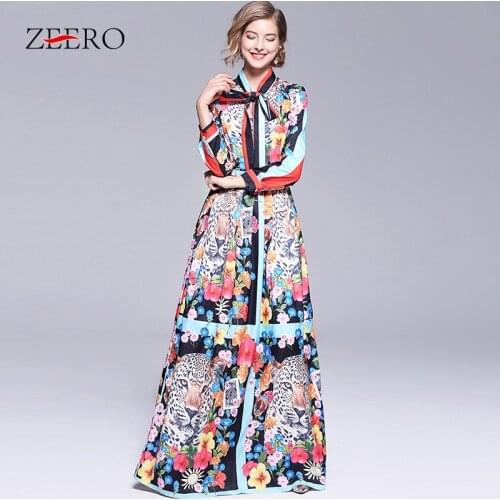 Runway Designer Long Dress 2019 Autumn Women Back Lion Bow Tie Collar Hit Color Flower Printing Swing Maxi Long Pleated Dress