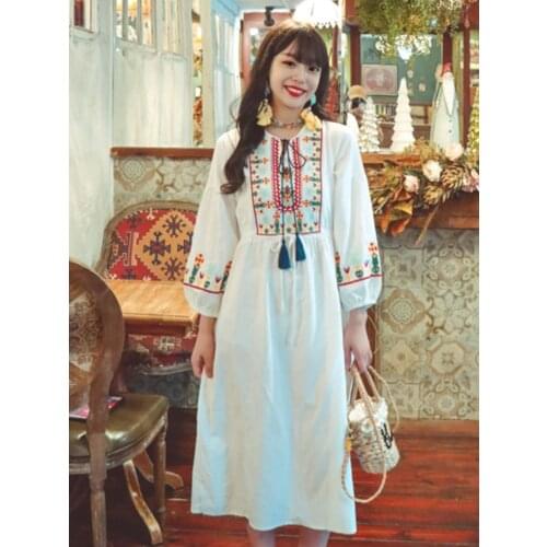 Summer New Korean Edition Ins Womens Dress Retro Embroidery Ethnic Wind Lantern Sleeve Tassel Dress Rural Girl Dress