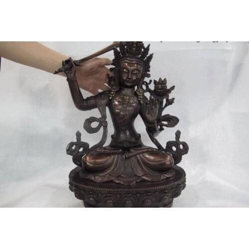 18 Tibetan Bronze Copper Manjusri Kwan-Yin GuanYin Bodhisattva Hold Sword Statue