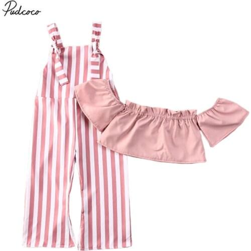 2020 Baby Summer Clothing Infant Kids 6M-5T Baby Girls Crops Top Shirt Overall Striped Pants 2Pcs Sunsuit