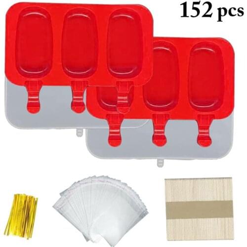 2pc Silicone 3 Hole Ice Cream Mould Ice Cube Tray Popsicle Diy Mold Dessert Red Color Ice Cream Mold With Popsicle Stick