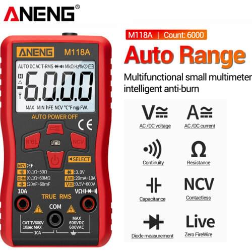 ANENG M118A Digital Mini Multimeter Tester True Rms Auto Mmultimetro Tranistor Meter with NCV Data Hold 6000counts Flashlight