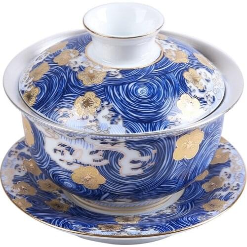 Enamel Star Silver Cover Bowl With Silver Liner Tea Cup Large Size 999 Pure Gilded Silver Kung Fu Tea Set Sancai Bowl