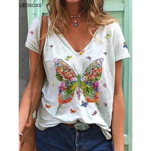 Summer Clothes For Women 2021 Butterfly Print Short-sleeved V-neck Casual All-match T-shirt Womens Clothing