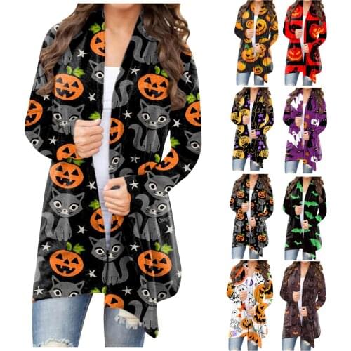Halloween Skull Pumpkin Print Long Sleeve Cardigans Autumn Winter Casual Open Stitch Long Tops Ladies Elegant Plus Size Cardigan