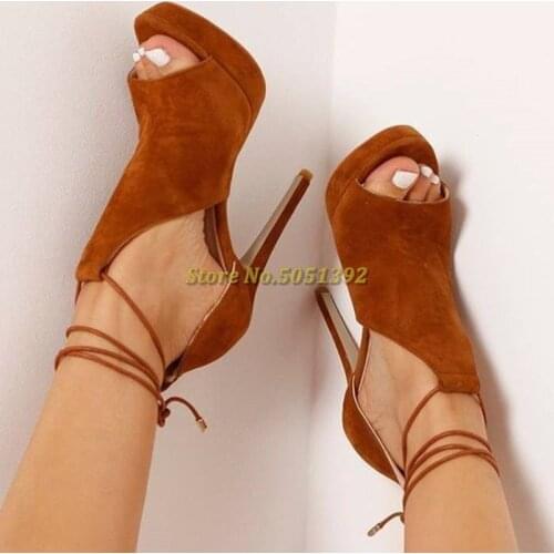 Brown Suede Peep Toe Lace up Shoes Thin High Heel Manufacturer Dress Runway Women Shoes Platform Stiletto Heel Women Sandals
