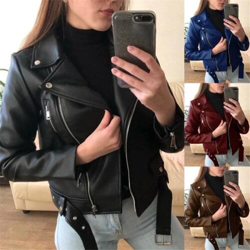 New Women Spring Autumn Black Faux Leather Jackets Zipper Basic Coat Turn-down Collar Motor Biker Jacket With Belt