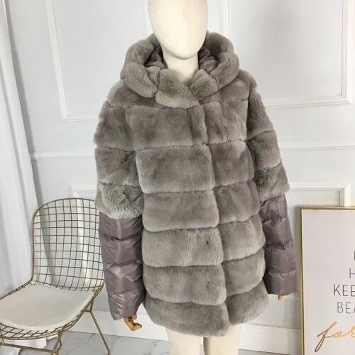 Hot Sale Real Rex Rabbit Fur coat with detachable down sleeves hooded medium long fur jacket 70cm