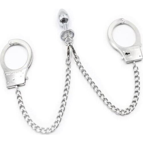 26CM Metal Anal plug with iron chain handcuffs shackle torture tools adult sex Masturbation alternative sex doll toys SM B021