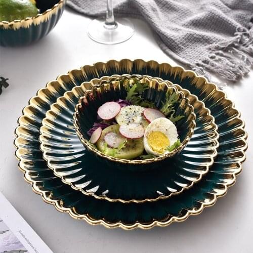 Ceramic Dinnerware Set Dark Green Plate Bowl Spoon Set Irregular Gold Edge Set Western Restaurant Dish Household Tableware