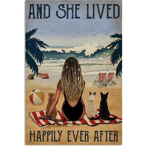 Beach Lived Happily Cats Dreadlocks Girl Yard Garden Farm Wall Decor Poster Metal Sign 8x12 inches