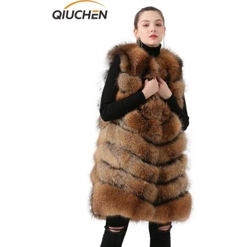 QIUCHEN PJ19082 2021 New arrival real raccoon fur women winter long vest high quality Free shipping Thick furs high quality