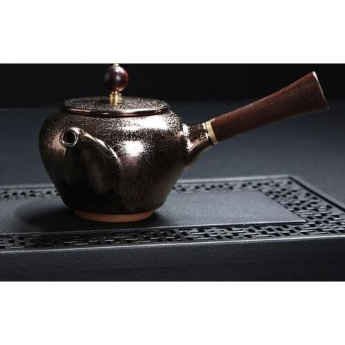 New Stoneware Wooden Handle Side Teapot Chinese Antique Household Tea Maker Tianmu Glaze Kung Fu Tea Set Ceramic Single Pot Set