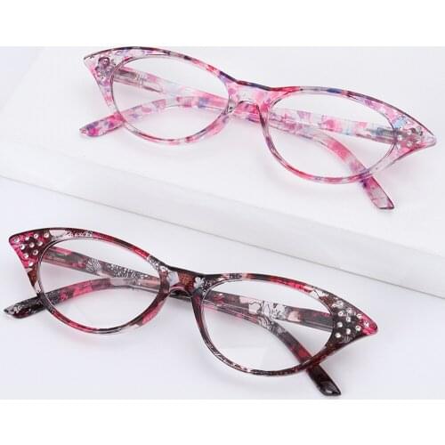 Retro Print Diamond Embellished Reading Glasses for Women Fashion Vintage Cat Eye Presbyopic Glasses PC Frame Readers Eyewear