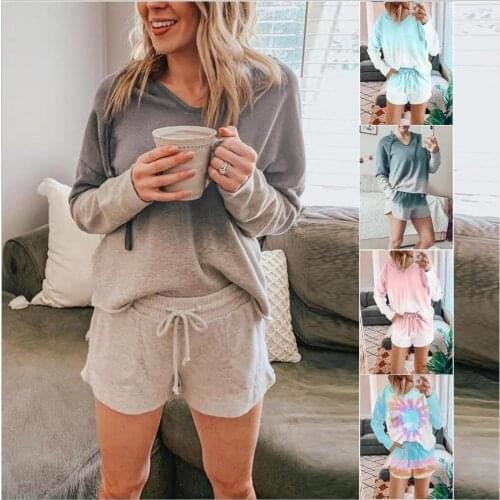 OMILKA Sporty 2 Piece Set Women Long Sleeve V Neck T Shirt and Drawstring Shorts Set 2020 Summer Jogger Home Wear Casual Outfits