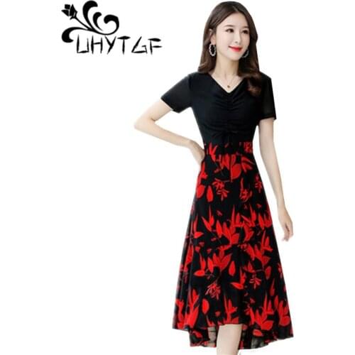 UHYTGF dress for women Fashion stitching fake two-piece summer dress women Korean loose chiffon elegant female long dress 3XL804