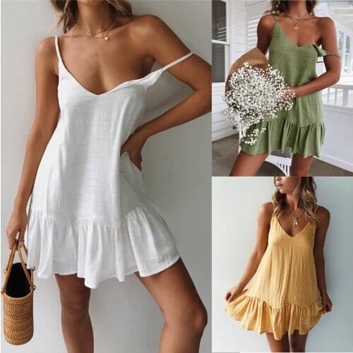 Summer Womens Sling V-neck Halter Dress 2021 Pure Cotton Comfortable Ruffled White Beach Mini Dresses Casual Loose Large Size