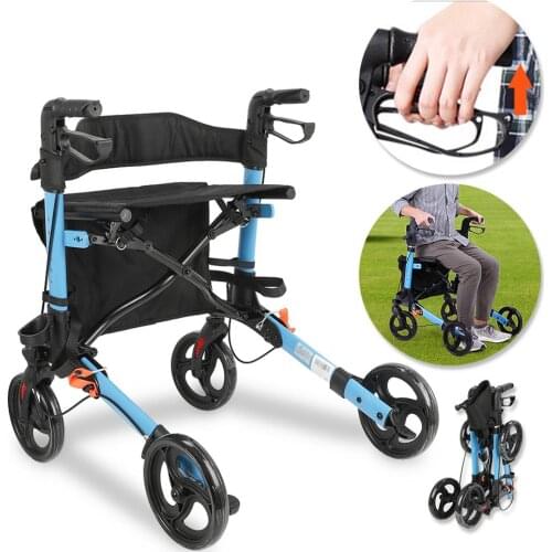 Portable Upright Walker Stand Up Folding Rollator Walker with Basket & Height Adjustable Handle Soft Seat + 4 Wheels