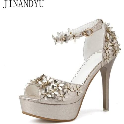 Flower Pumps Women Shoes High Heel Platform Sandals Peeptoe Sliver Gold Heels Sandals Sexy Wedding Shoes Women Sandal High Heels