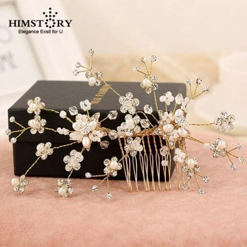 Gold Flower Rhinestone Pearls Wedding Hair Comb Bridal Headpieces Crystal Hair Accessories Bridesmaids Women Hairpins