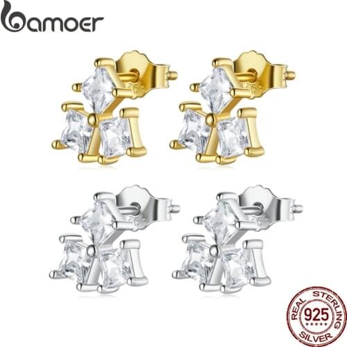 Bamoer Spanish 925 Sterling Silver Multiple Zircon Crystal Stud Earrings Two Colors Gold for Women Engagement Jewelry SCE1184-A