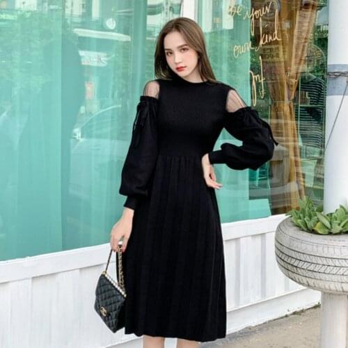 Women Dress 2021 Autumn Winter New Sweater Dress Long Puff Sleeve Mesh Patchwork Pleate Dress Fashion Bandage Vestidos Female