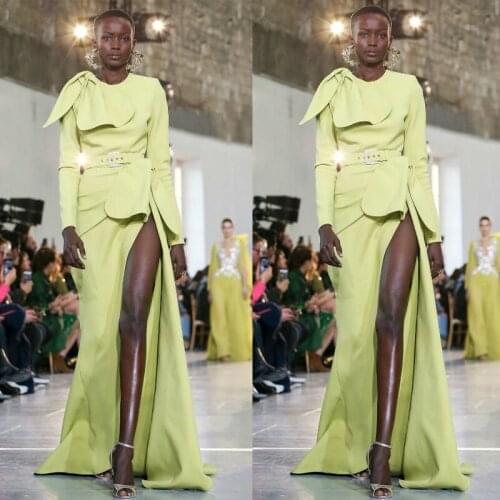 2021 Mint Green Evening Dresses O Neck Long Sleeve Mermaid Prom Dress High Split Formal Party Gowns vestidos de novia