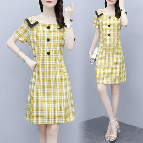 Women yellow plaid sexy summer dress plus size L-5XL fat XXL XXXL 3XL XXXXL 4XL XXXXXL 100KG woman office ladies work wear dress