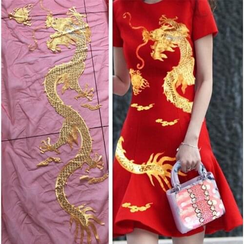 1Pcs Super Large Golden Sequin Dragon Applique Chinese Embroidered Dragon Patches Mesh Fabric Sewing On Clothing Dress Patch Diy