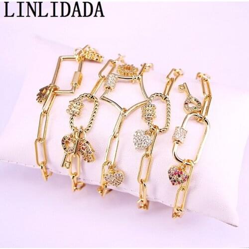 New Design 5Pcs Rainbow Cz Zirconia Paved Mix Shape Screw Clasps Connector Oval Metal Chains Bracelet Handmade Fashion Jewelry