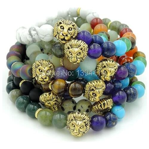 8mm Mixed Stones Beads & Chakras Stone Round Beads Beaded Bracelets Lion Head Spacer Accessory Elastic Rope