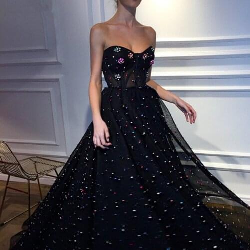 Black Muslim Evening Dresses A-line Sweetheart Tulle Pearls Elegant Dubai Saudi Arabic Long Evening Gown Prom Dress
