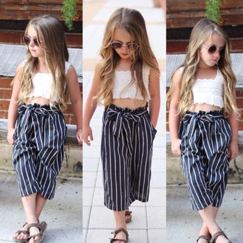 Kids Baby Girls Lace Striped Crop Tops T-shirt Waist Knot Striped Wide Long Pants Outfits Clothes Summer
