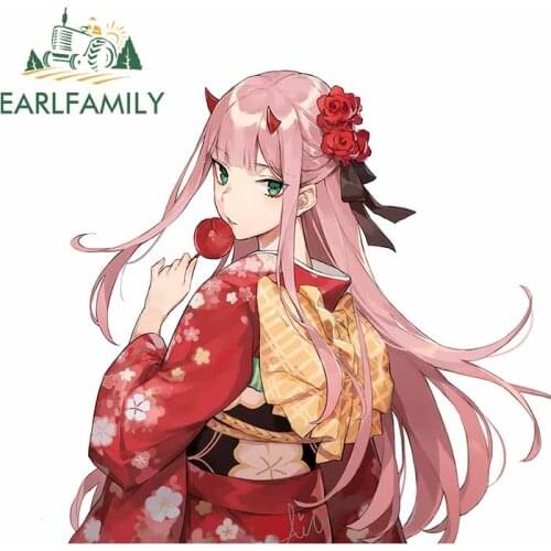 EARLFAMILY 13cm x 12.7cm For Zero Two Occlusion Scratch Car Stickers DIY Custom Printing Decal Waterproof Anime Decoration