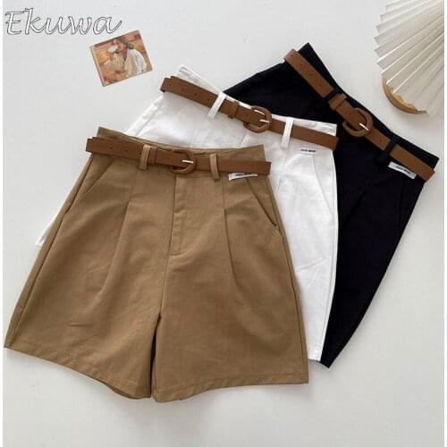 EKUWA 2021 Chic Fashion Women Short Denim Pants Sexy Wide Leg Pants Korean Front Pockets Korean Style Black White Khaki S-XL