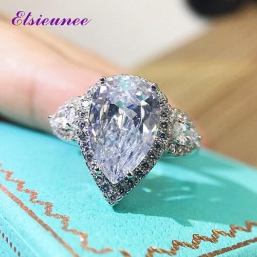 ELSIEUNEE 100% 925 Sterling Silver Pear Cut Simulated Moissanite Gemstone Engagement Wedding Bands Fine Jewelry Rings For Women