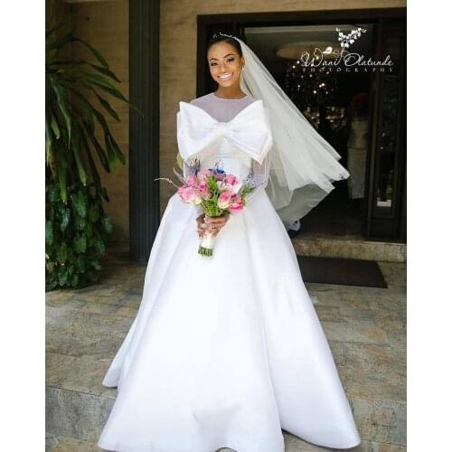 Hot Sale Big Bow Garden A-Line Satin Wedding Dresses Floor Length Tulle Long Sleeves Cheap African Bridal Gowns