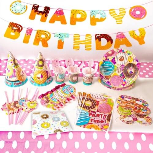 Lovely Donuts Theme Party Tableware plates Napkins Tablecloth Balloon Sets Gilrs Birthday Party Supplies
