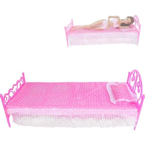 Mini Pink Bed With Pillow Bedding Dollhouse Miniatures Princess Bedroom DIY Furniture for Barbie Doll 12 Inch Girls Toy