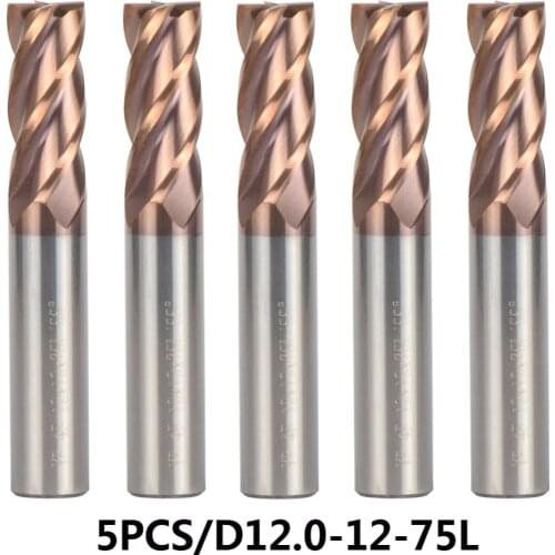 5PC/D12-12-75 Carbide End Mill Diameter 12mm 4-blade Router Bit Set End Mills Tungsten Steel Milling Cutter HRC 55 CNC Tools