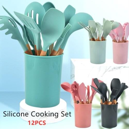 12Pcs Silicone Cooking Utensils Kitchen Utensil Set Non-stick Spatula Wooden Handle with Storage Box Kitchen Tools Set