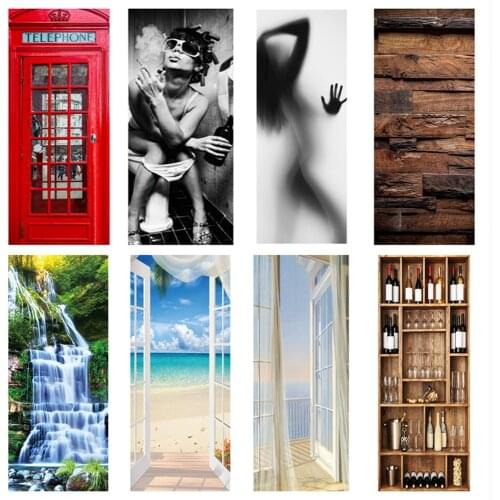 Woman Landscape City Wood Grain Door Stickers Home Decor Modern Living Room Bedroom Door Decoration Sticker Wall Mural Wallpaper
